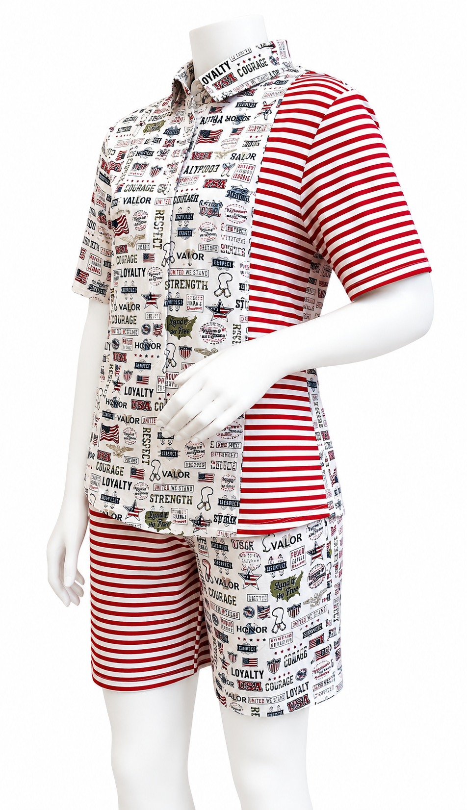 Men’s. Set two pieces, shirt + shorts. Medium size. White, red and white lines pattern.
