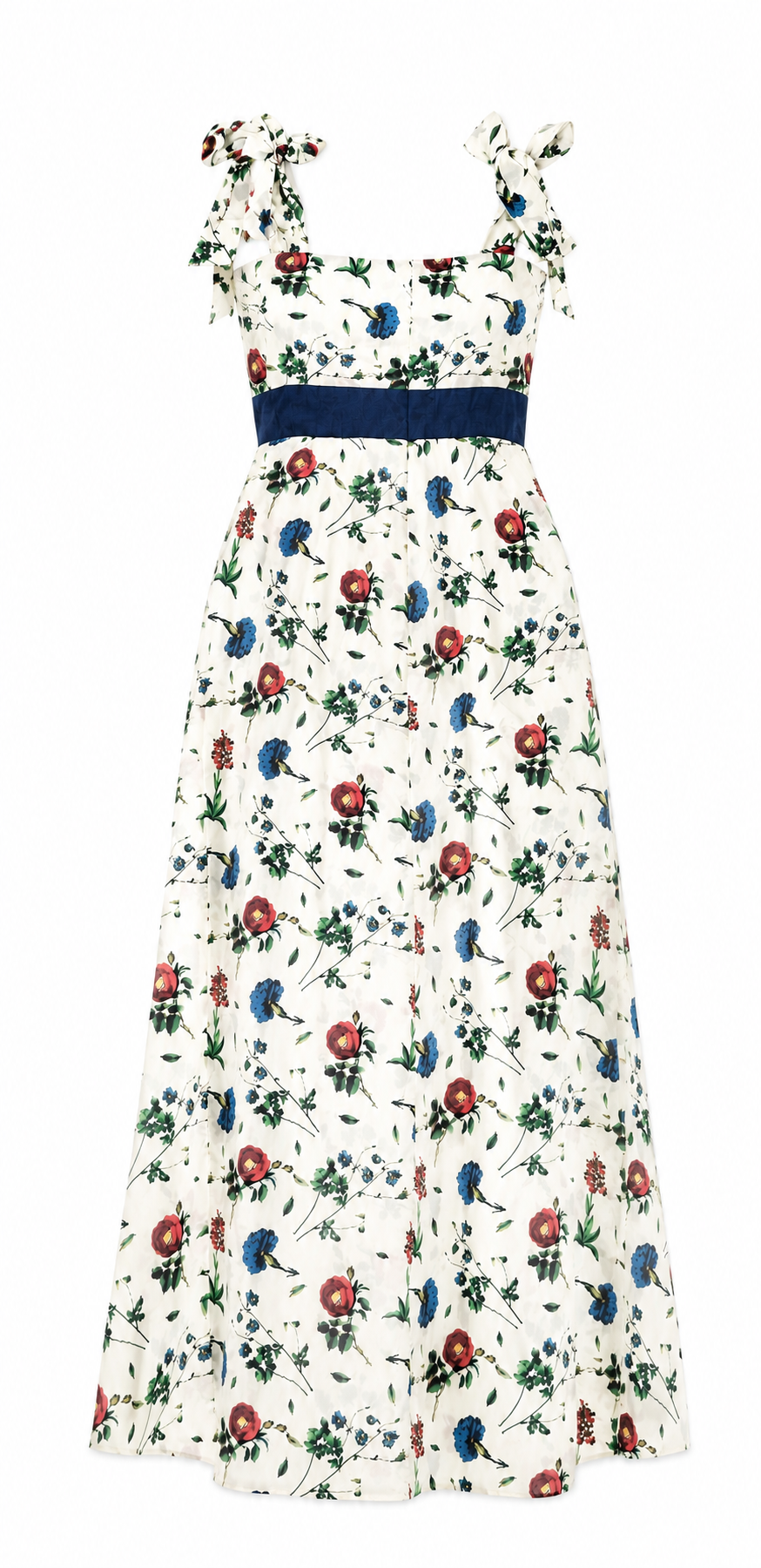 Long maxi white dress, flower pattern.