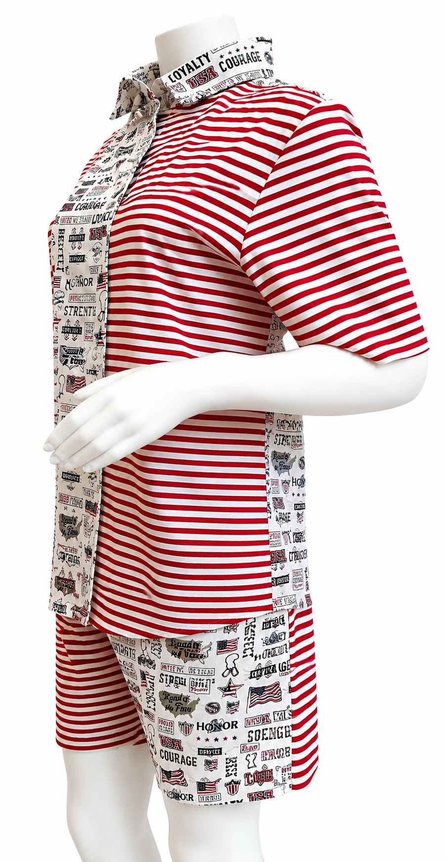 Men’s. Set two pieces, shirt + shorts. Medium size. White, red and white lines pattern.