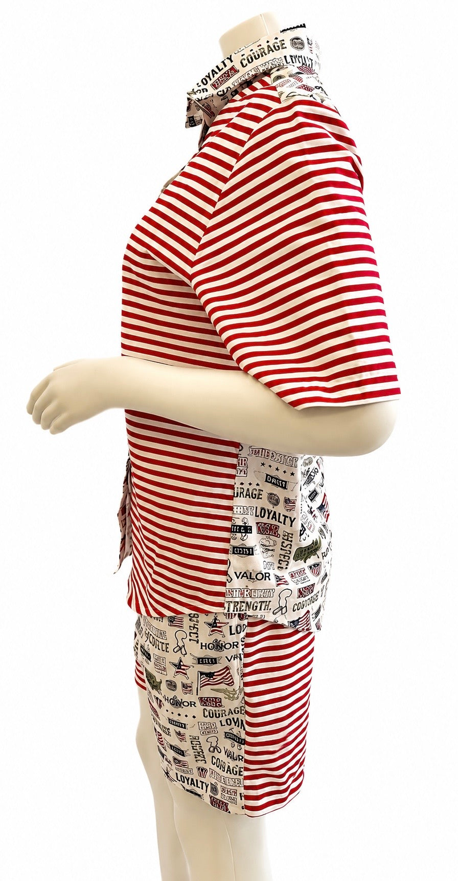 Men’s. Set two pieces, shirt + shorts. Medium size. White, red and white lines pattern.
