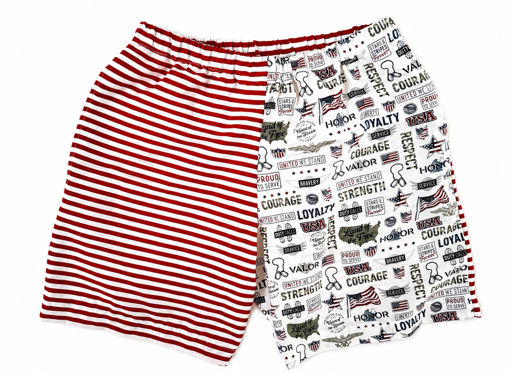 Men’s. Set two pieces, shirt + shorts. Medium size. White, red and white lines pattern.
