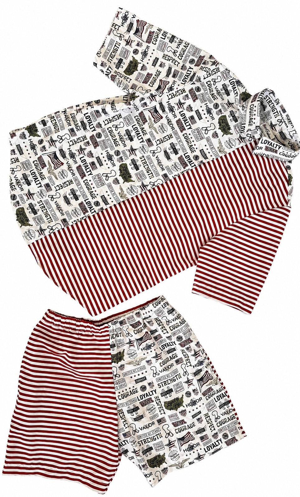 Men’s. Set two pieces, shirt + shorts. Medium size. White, red and white lines pattern.