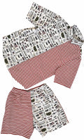 Men’s. Set two pieces, shirt + shorts. Medium size. White, red and white lines pattern.