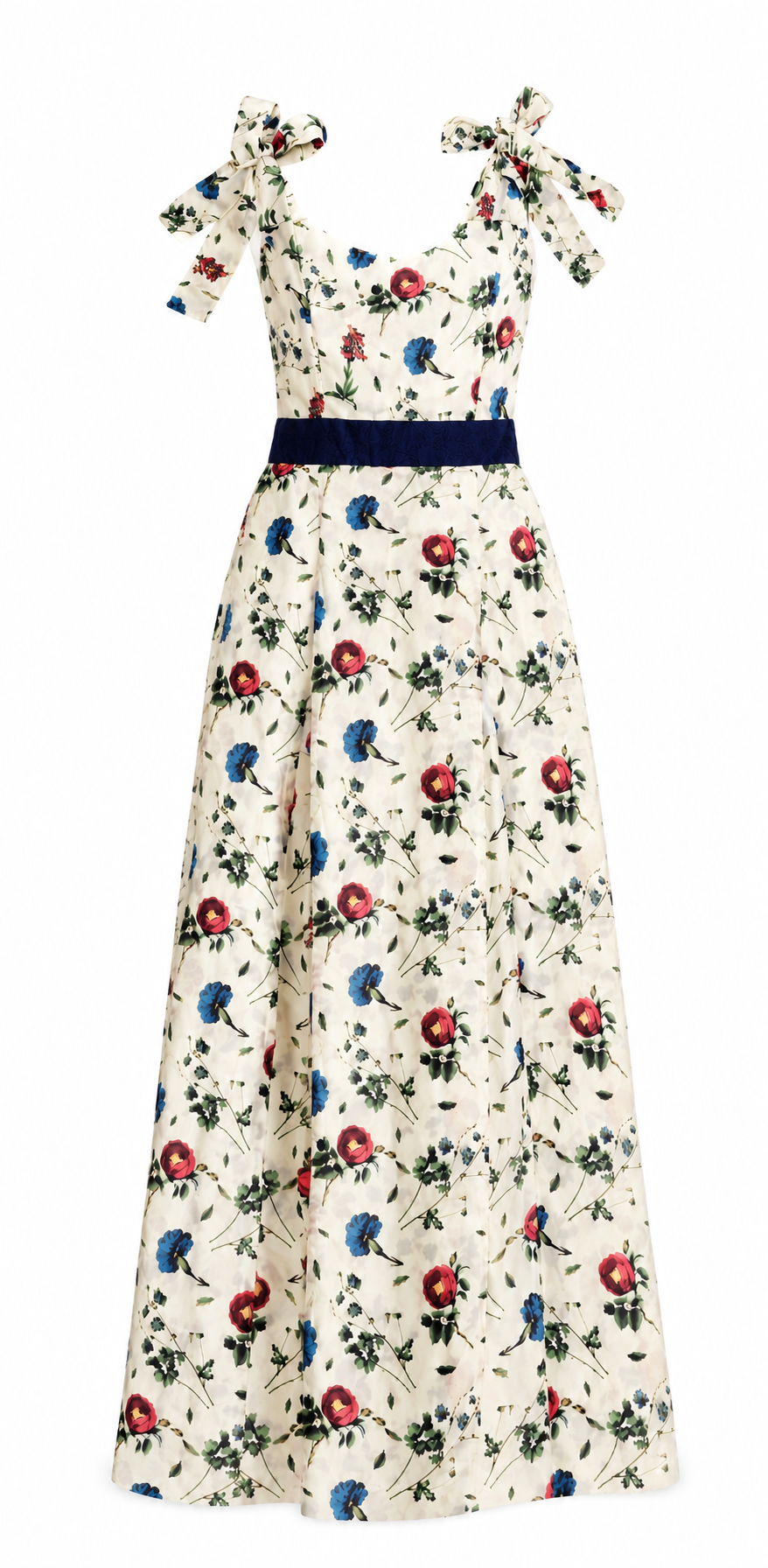 Long maxi white dress, flower pattern.